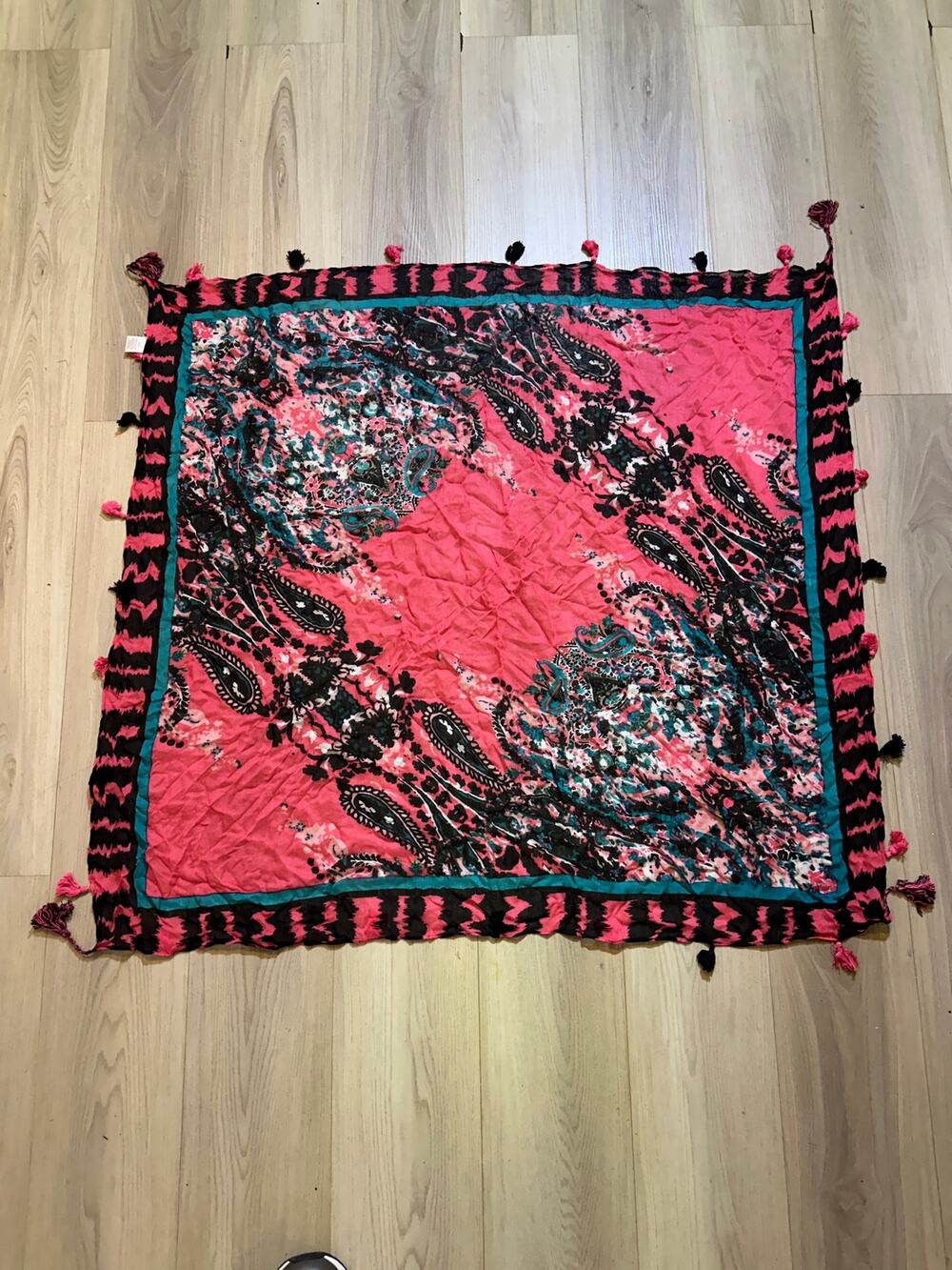 Eva Mendes New York & Company Paisley Square Scarf Coral Pink Teal Tassel Fringe